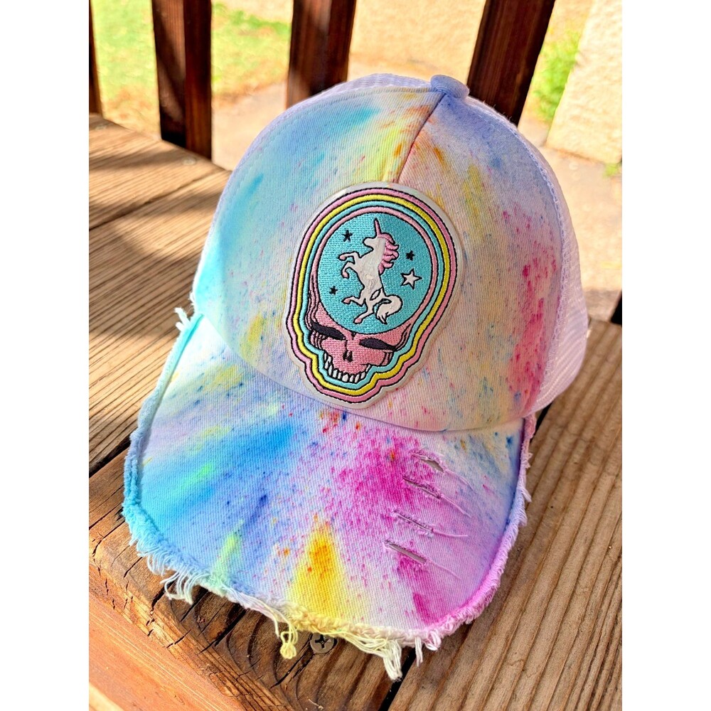 hand dyed Grateful Dead pastel unicorn Steal Your Face distressed baseball cap